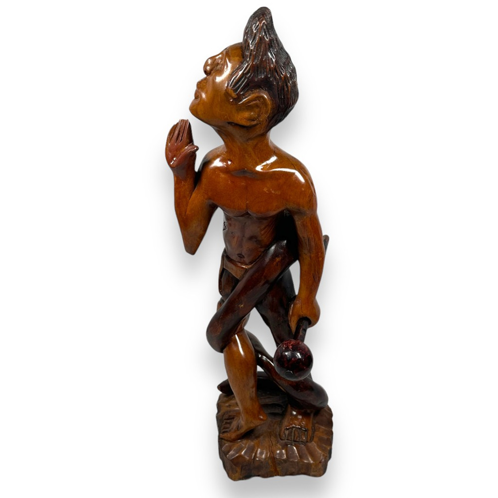 Vintage Tribal Warrior Solid Wood Carving Statue Man Snake Hunting 26.5" Large